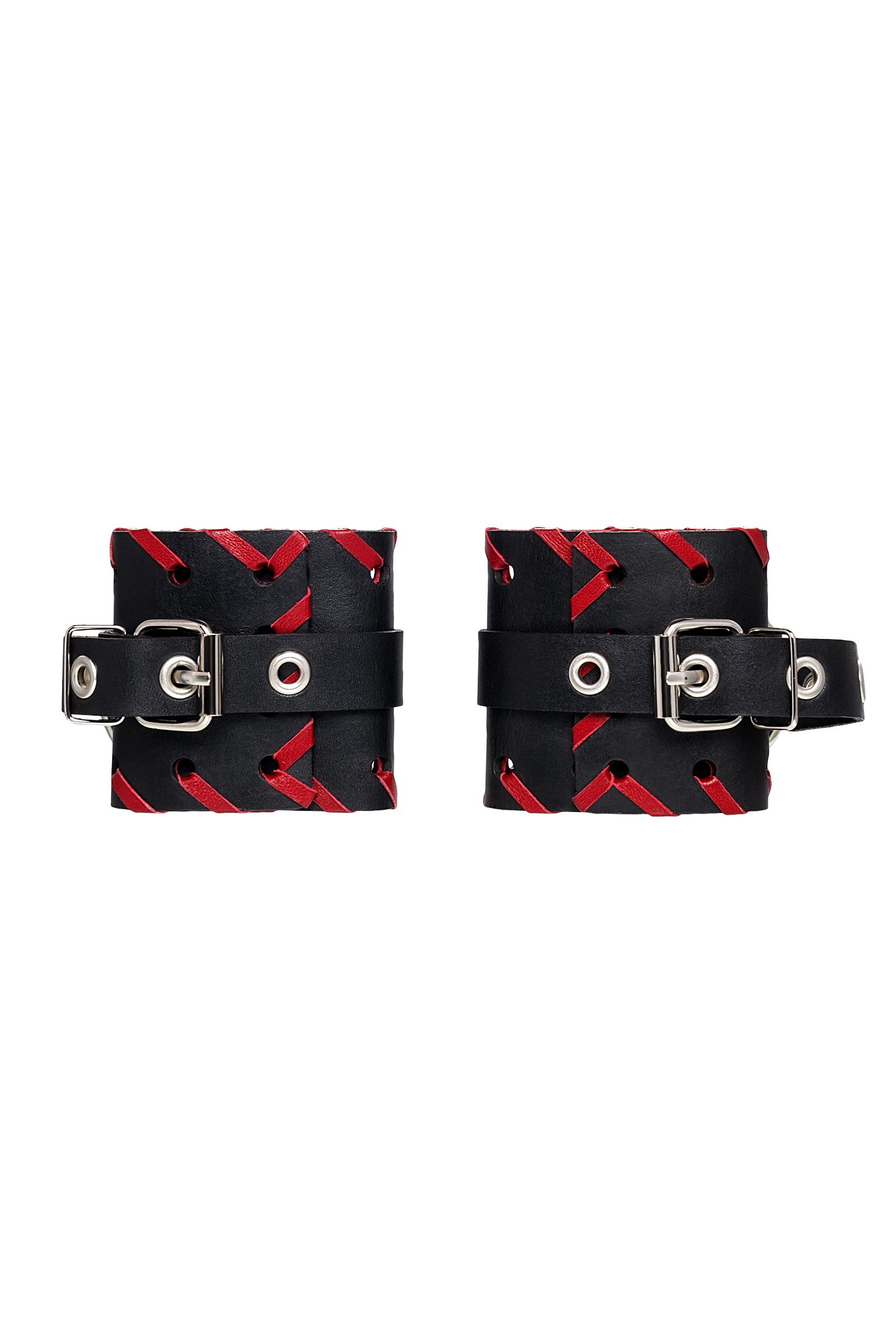 Черно-красные наручники из натуральной кожи 4