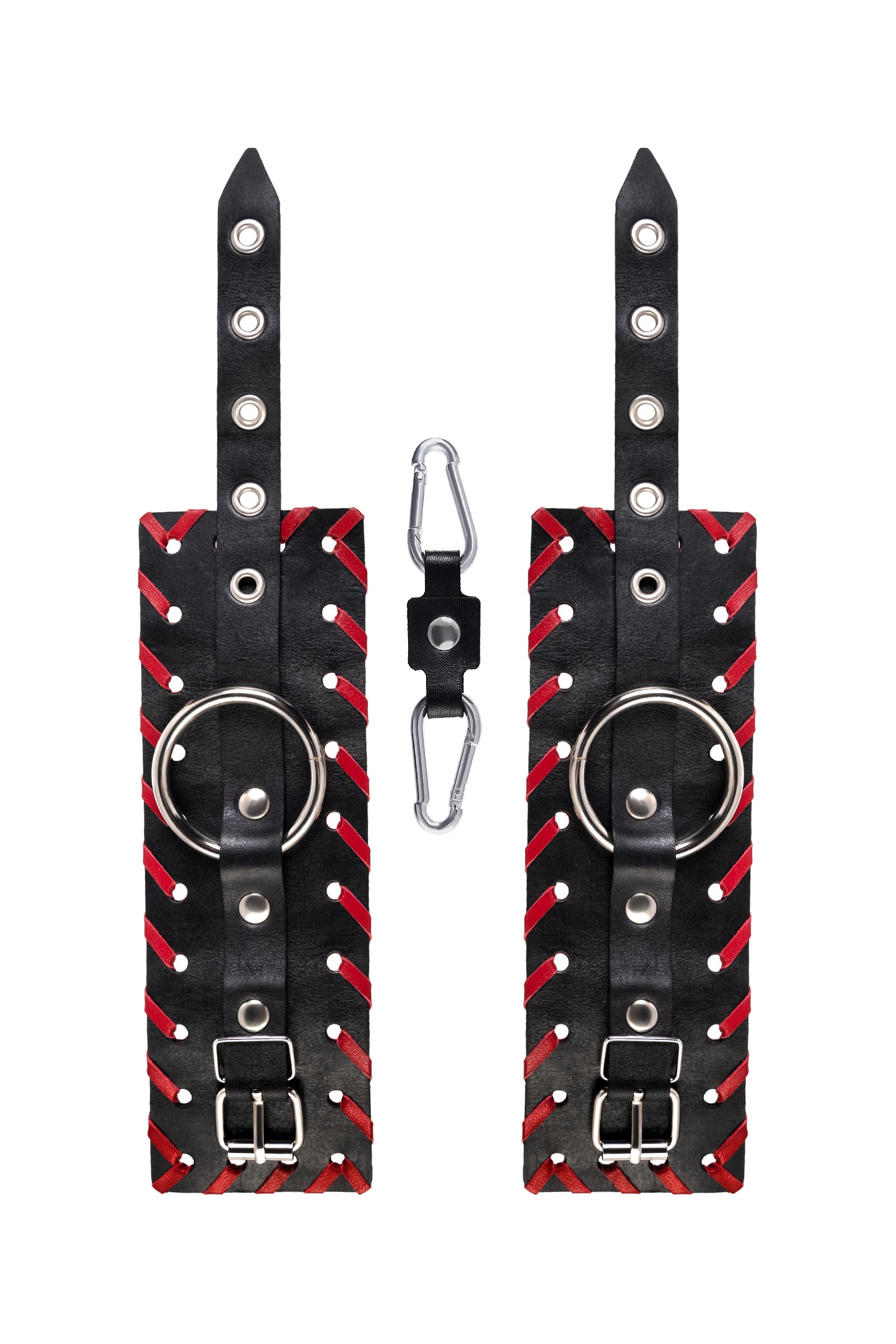 Черно-красные наручники из натуральной кожи 6