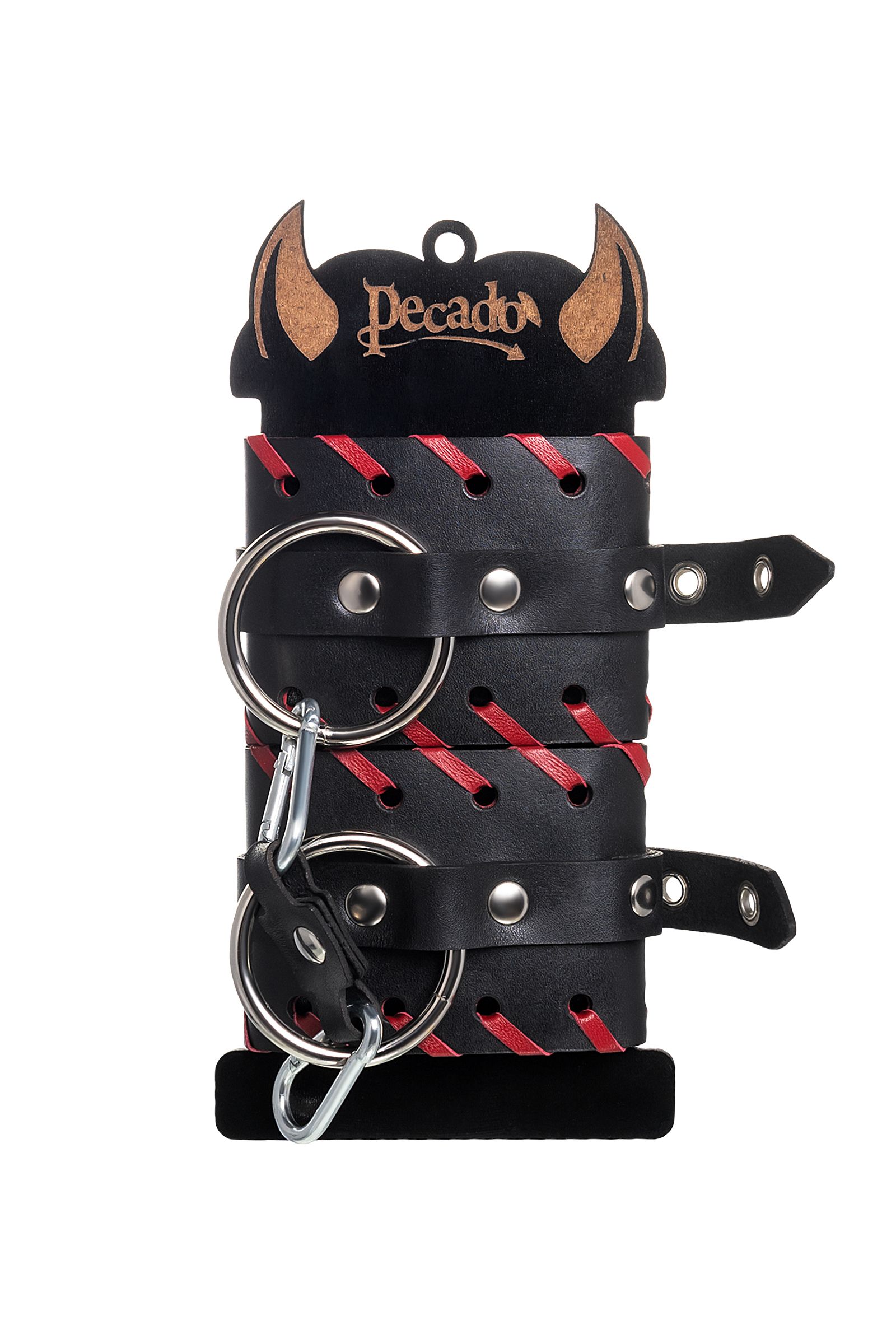 Черно-красные наручники из натуральной кожи 7