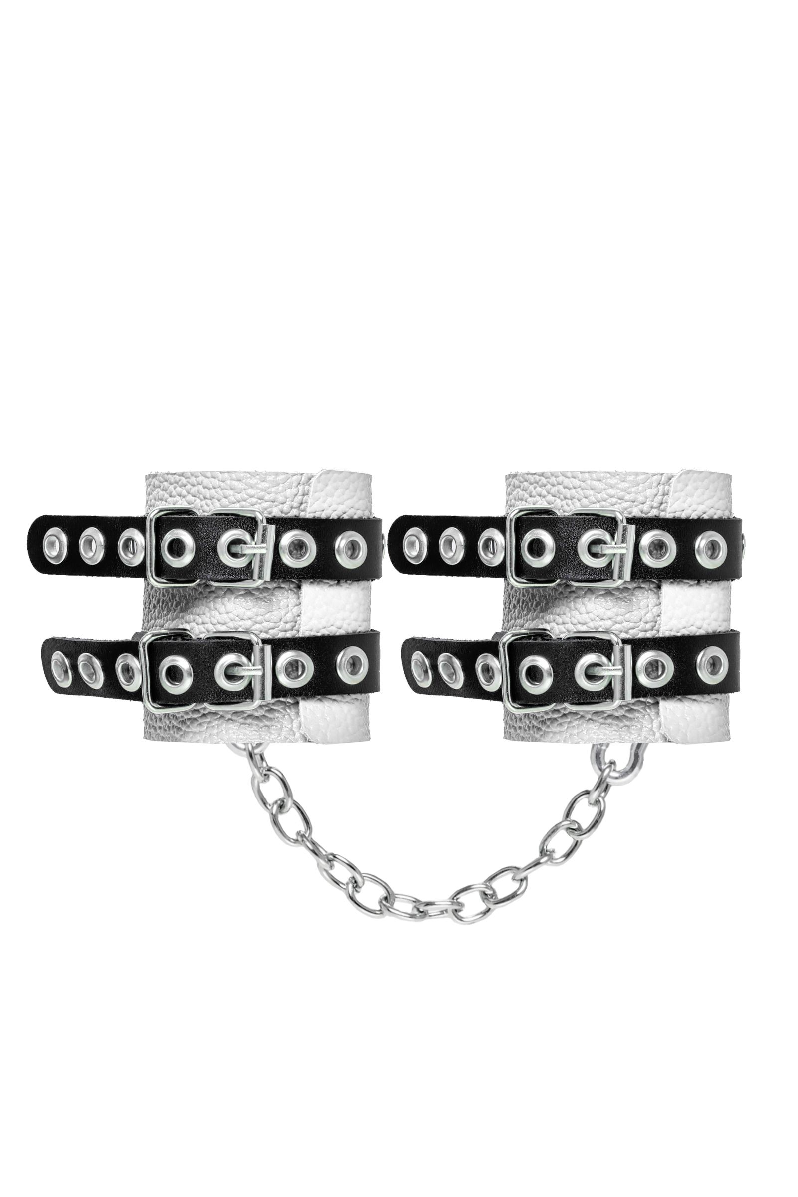 Бело-черные наручники с двумя ремешками и люверсами 3