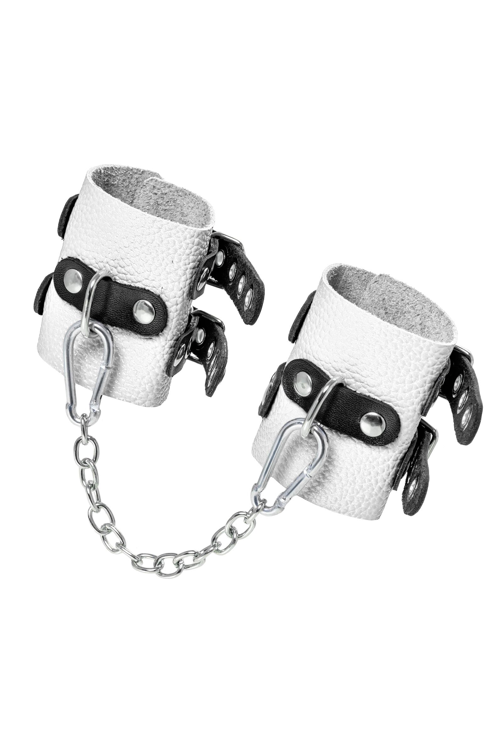 Бело-черные наручники с двумя ремешками и люверсами 4