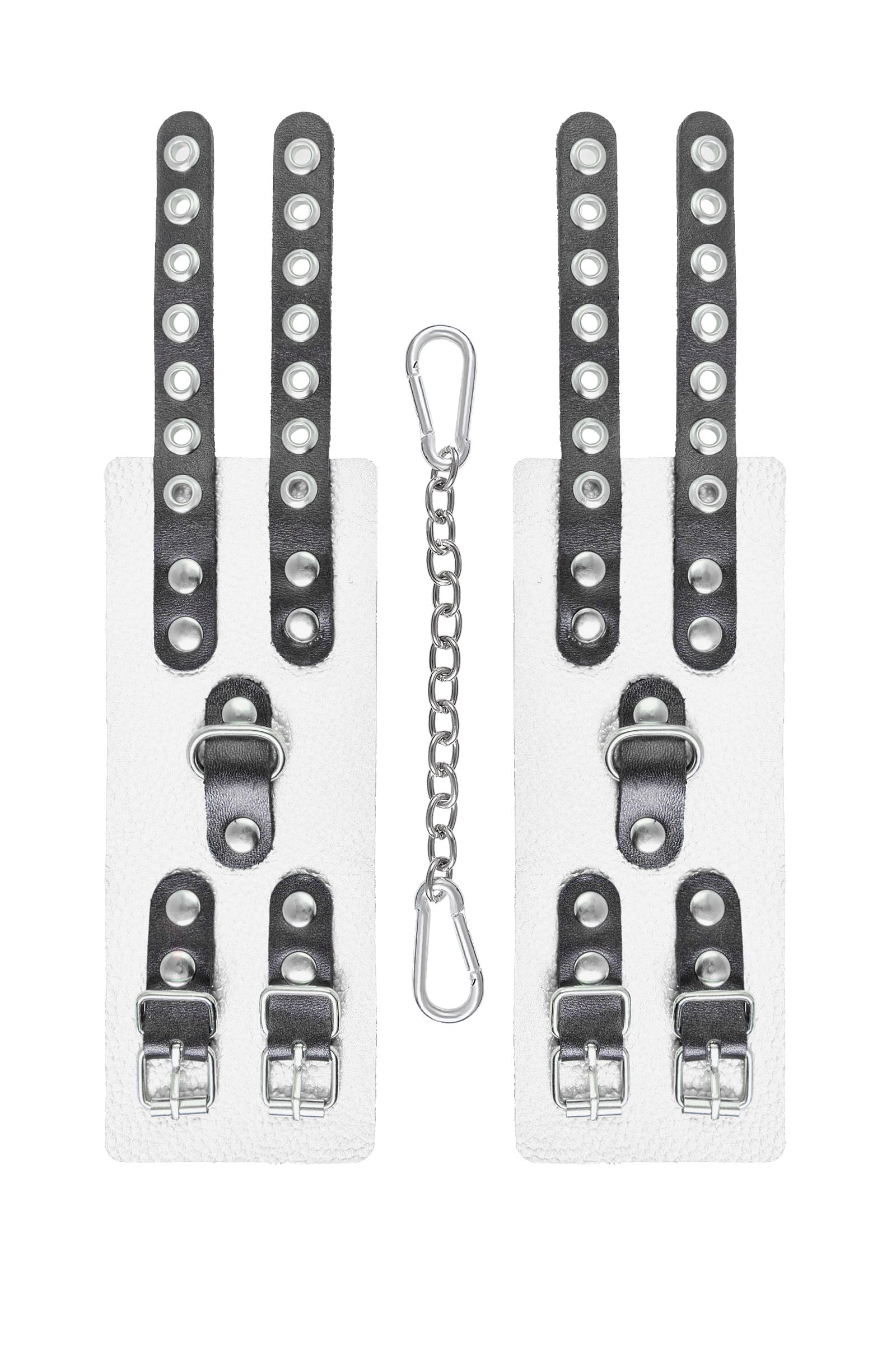 Бело-черные наручники с двумя ремешками и люверсами 5