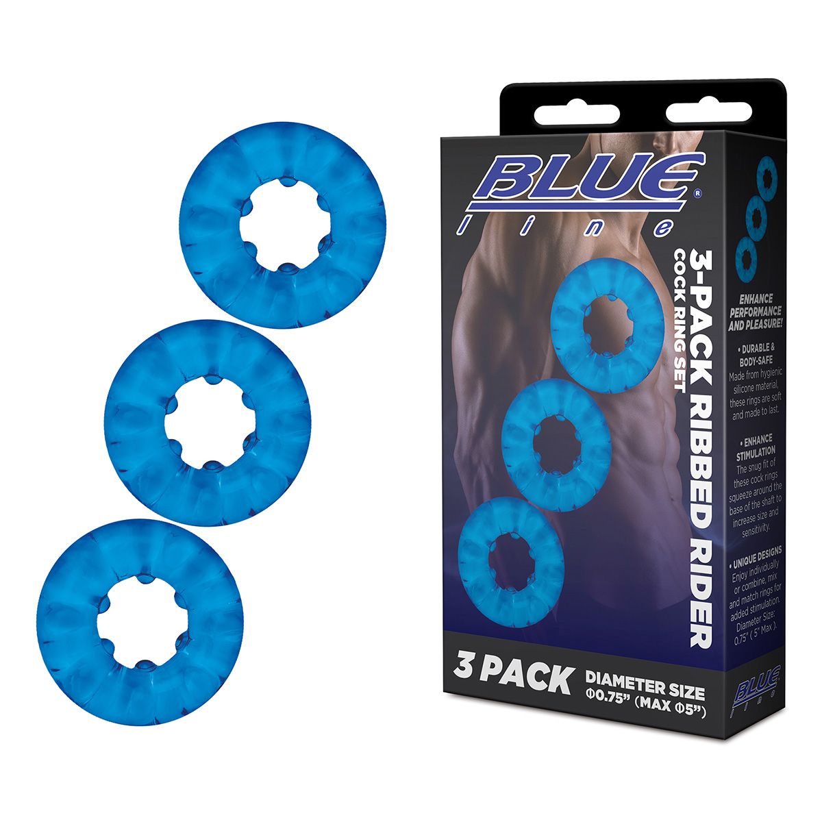 Комплект из трех голубых эрекционных колец 3-Pack Ribbed Rider Cock Ring Set 3