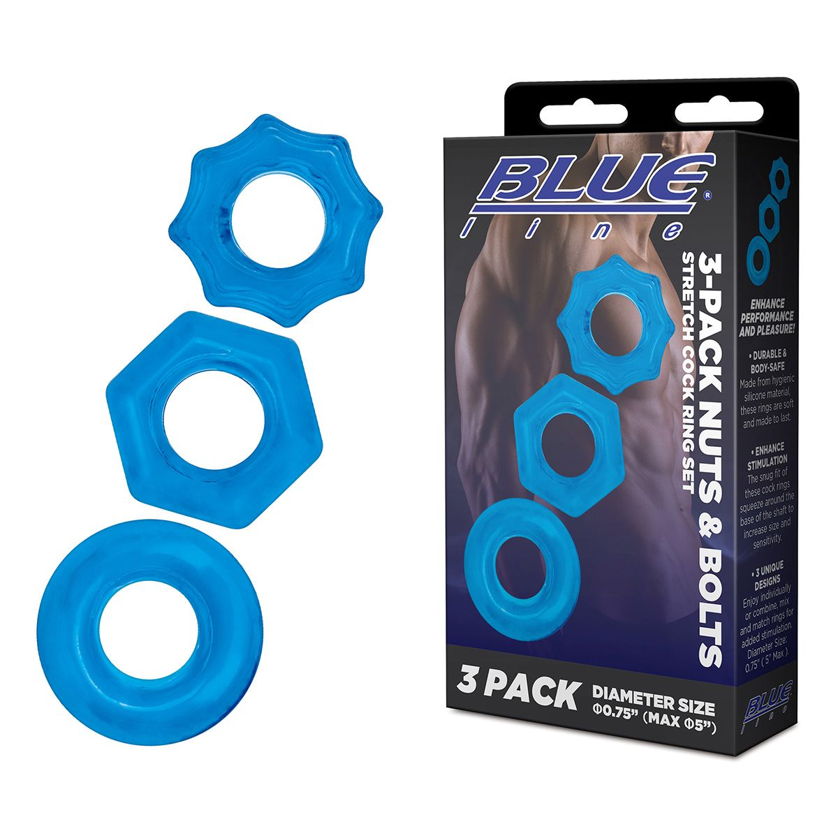 Комплект из трех голубых колец для эрекции 3-Pack Nuts & Bolts Stretch Cock Ring Set 3