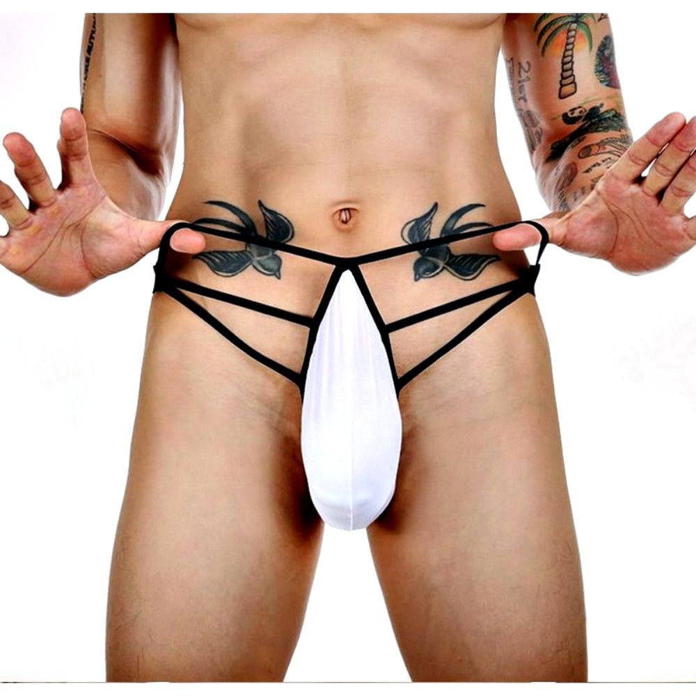 Белые сексуальные трусы-стринги на тонких черных бретелях 1