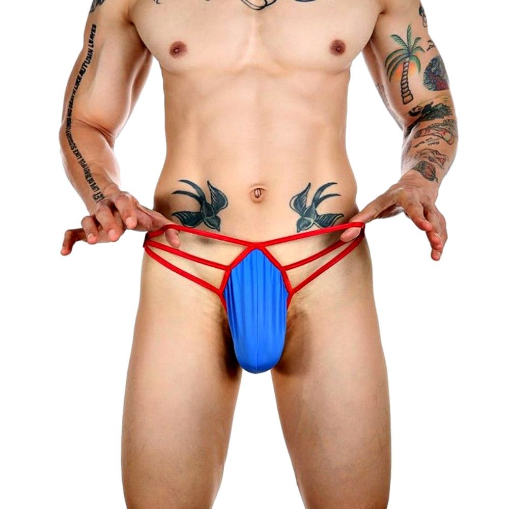 Синие сексуальные трусы-стринги на тонких красных бретелях 2