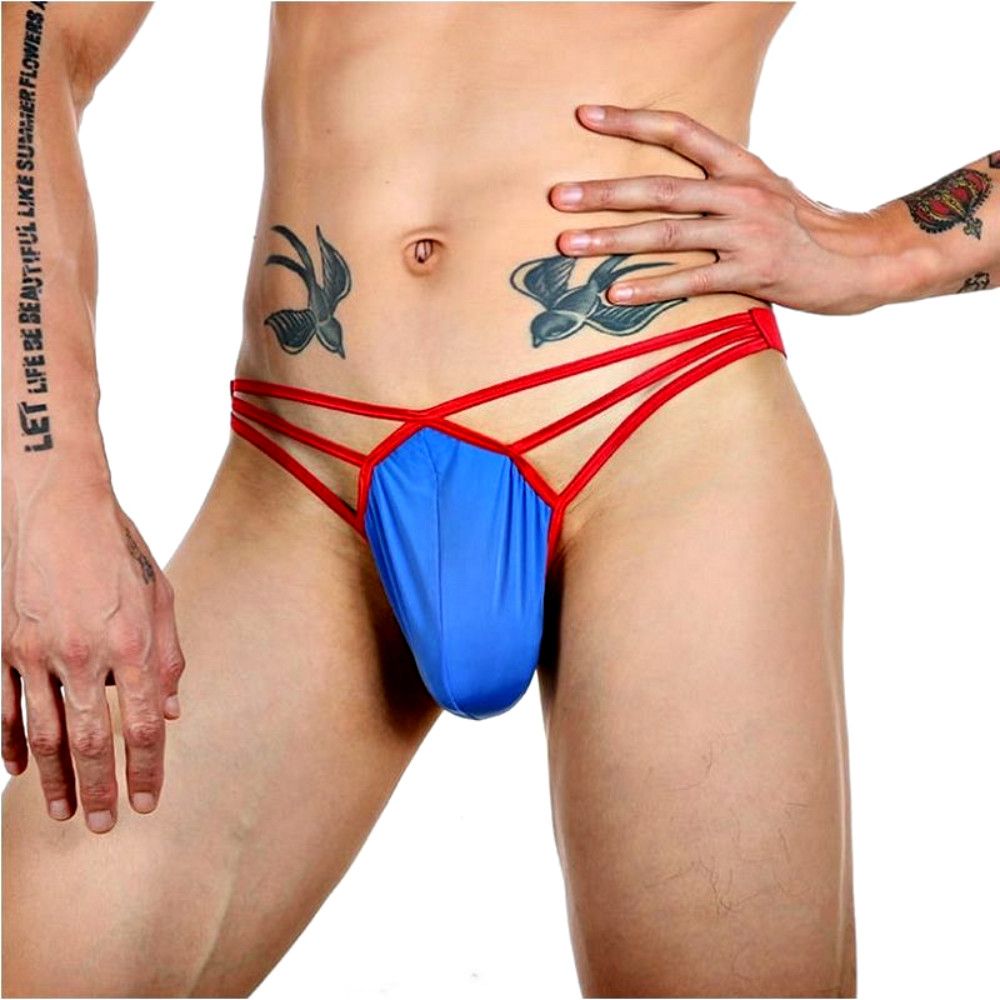 Синие сексуальные трусы-стринги на тонких красных бретелях 4
