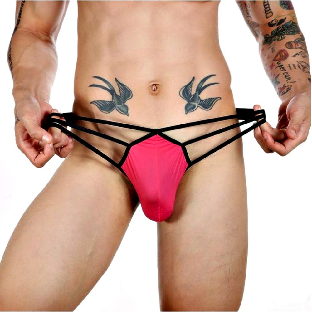 Розовые сексуальные трусы-стринги на тонких черных бретелях 4