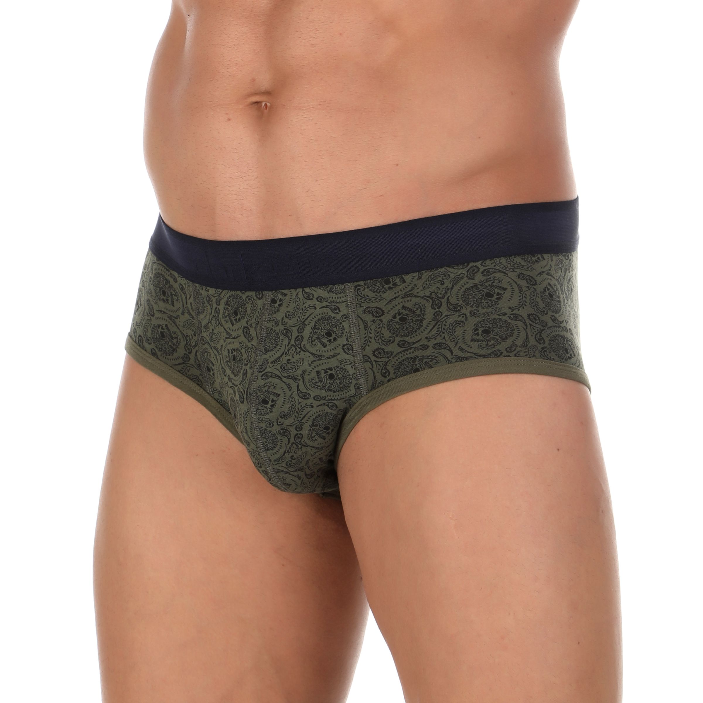 Хлопковые трусы-брифы цвета хаки с принтом-пейсли 1