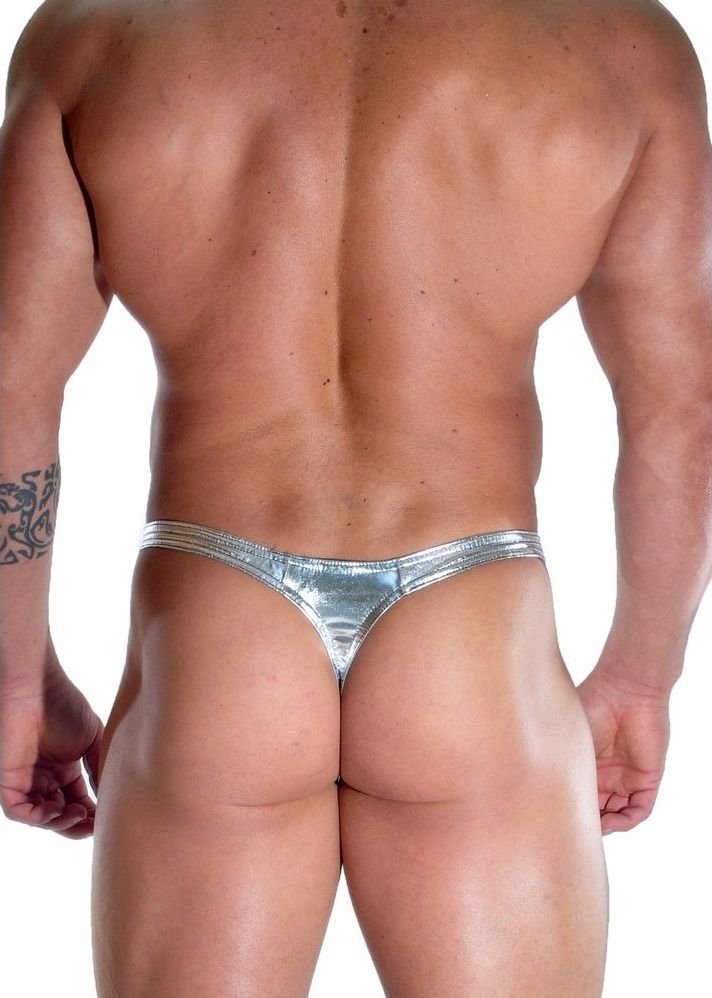 Серебристые блестящие трусы-тонги 2