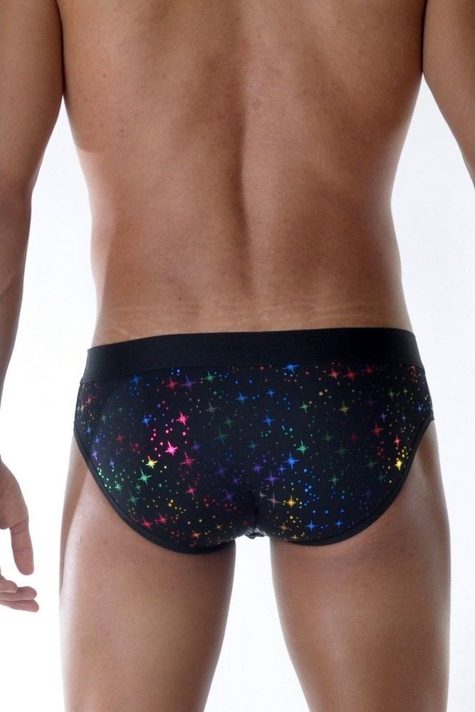 Черные мужские трусы-слипы с разноцветными блестящими звездочками 2