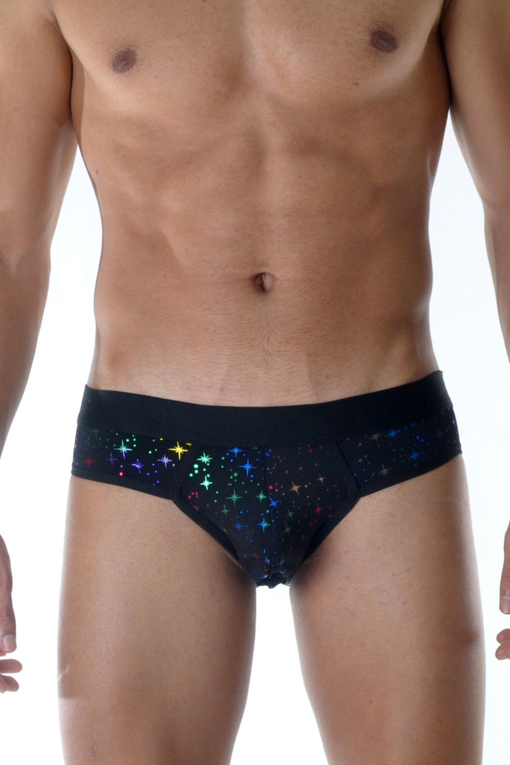 Черные мужские трусы-слипы с разноцветными блестящими звездочками 1