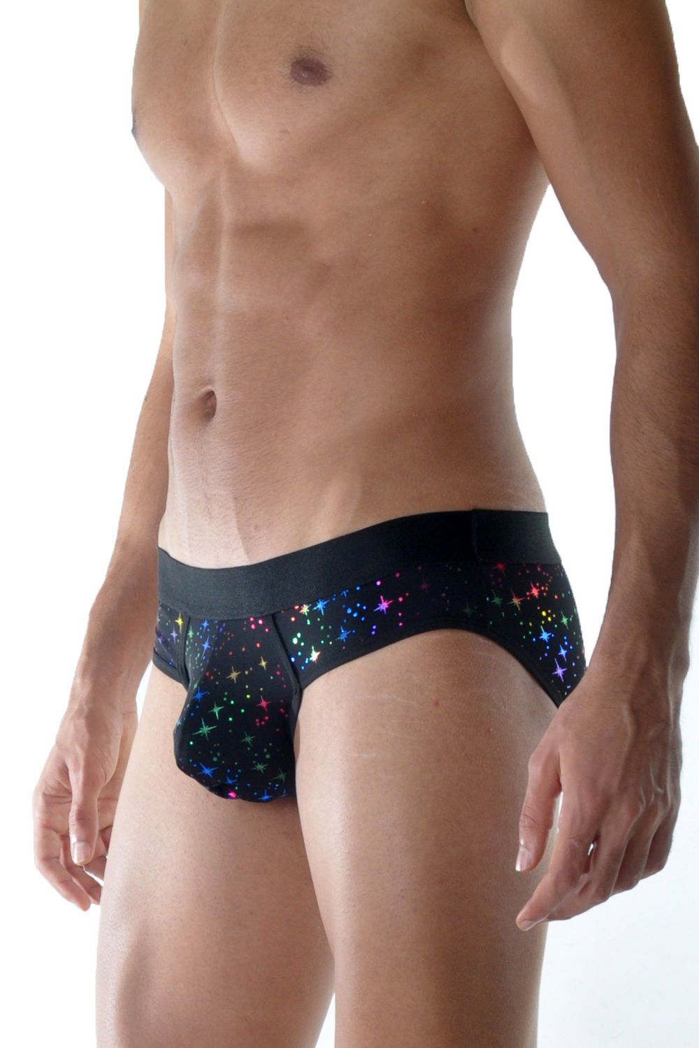 Черные мужские трусы-слипы с разноцветными блестящими звездочками 3