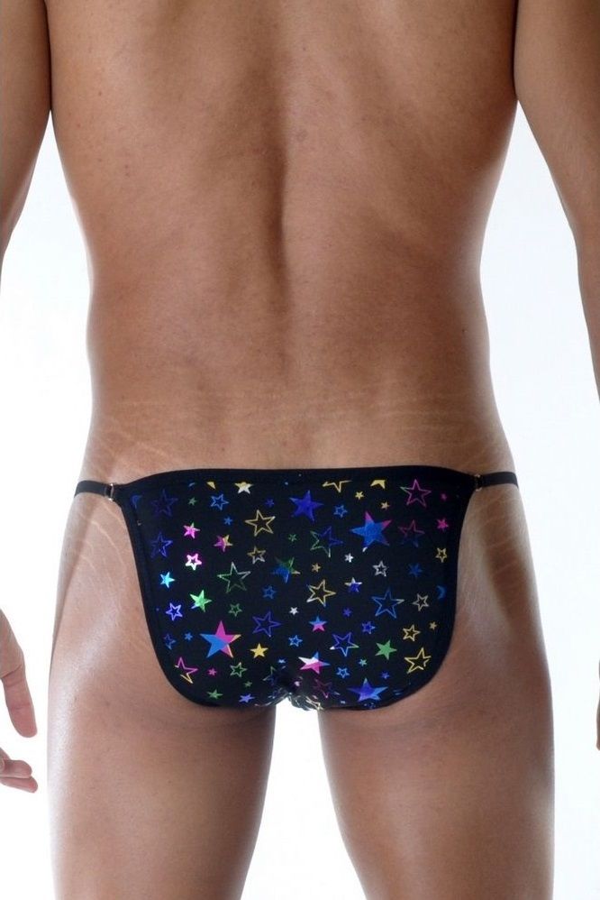 Черные мужские трусы-танга с разноцветными блестящими звездами 2