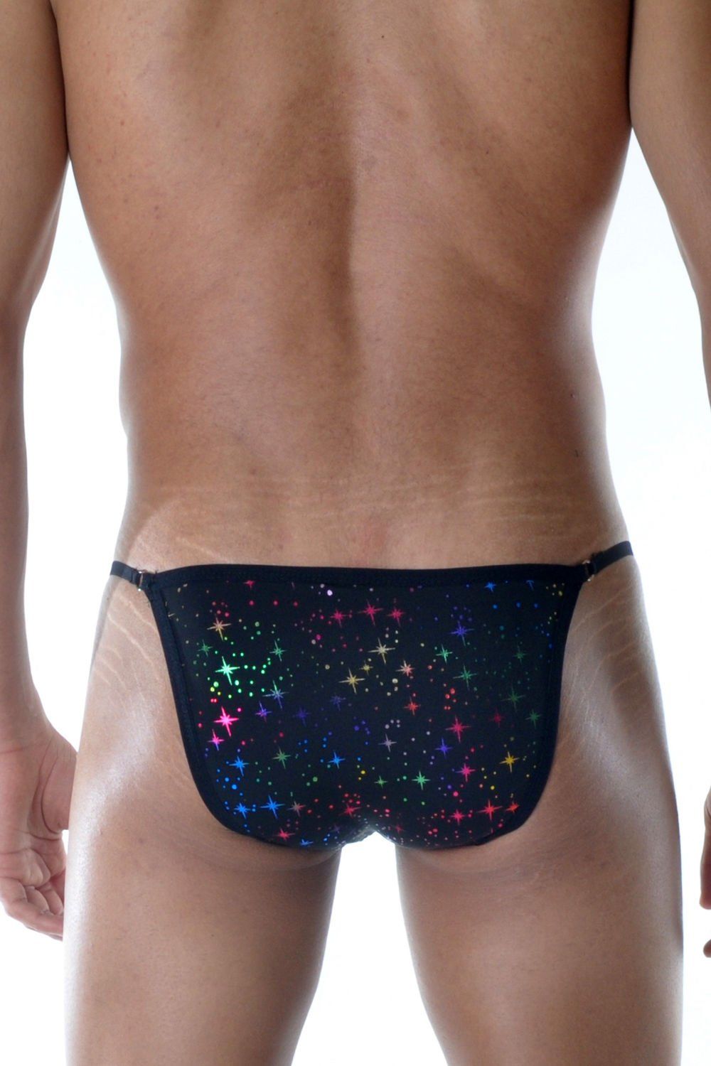 Черные мужские трусы-танга с разноцветными блестящими звездочками 2