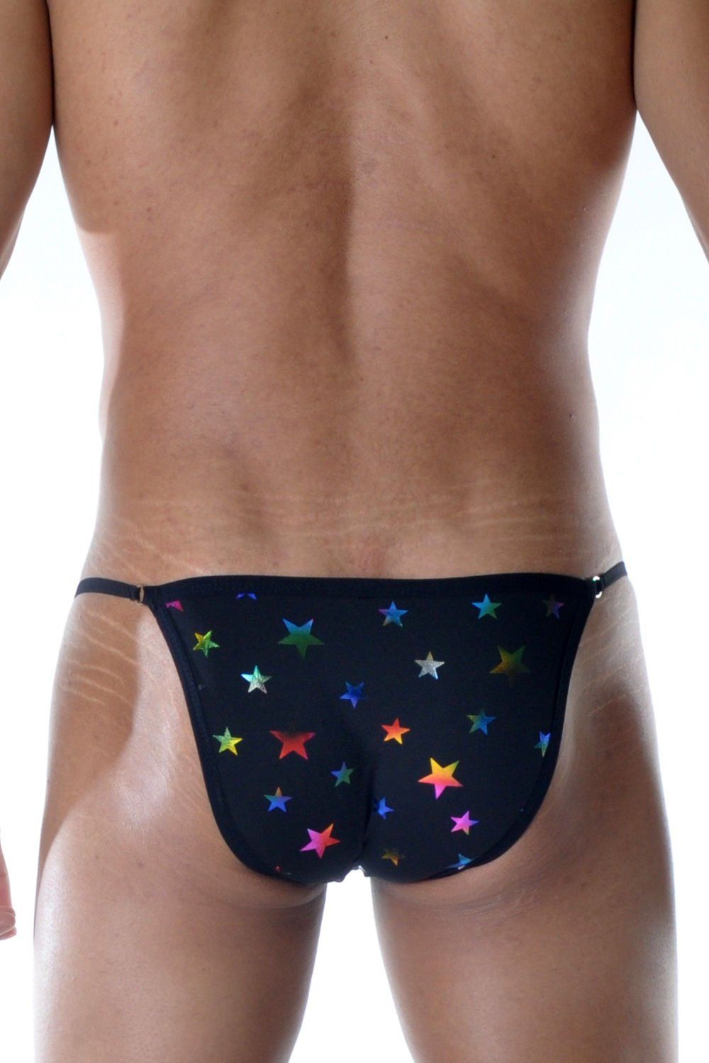 Черные мужские трусы-танга с разноцветными звездами 2