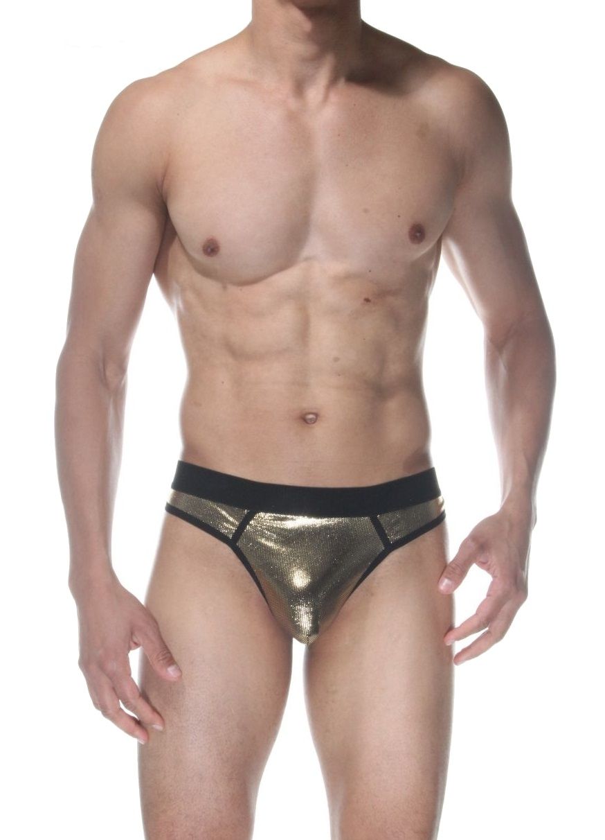 Золотистые блестящие мужские трусы-стринги 1