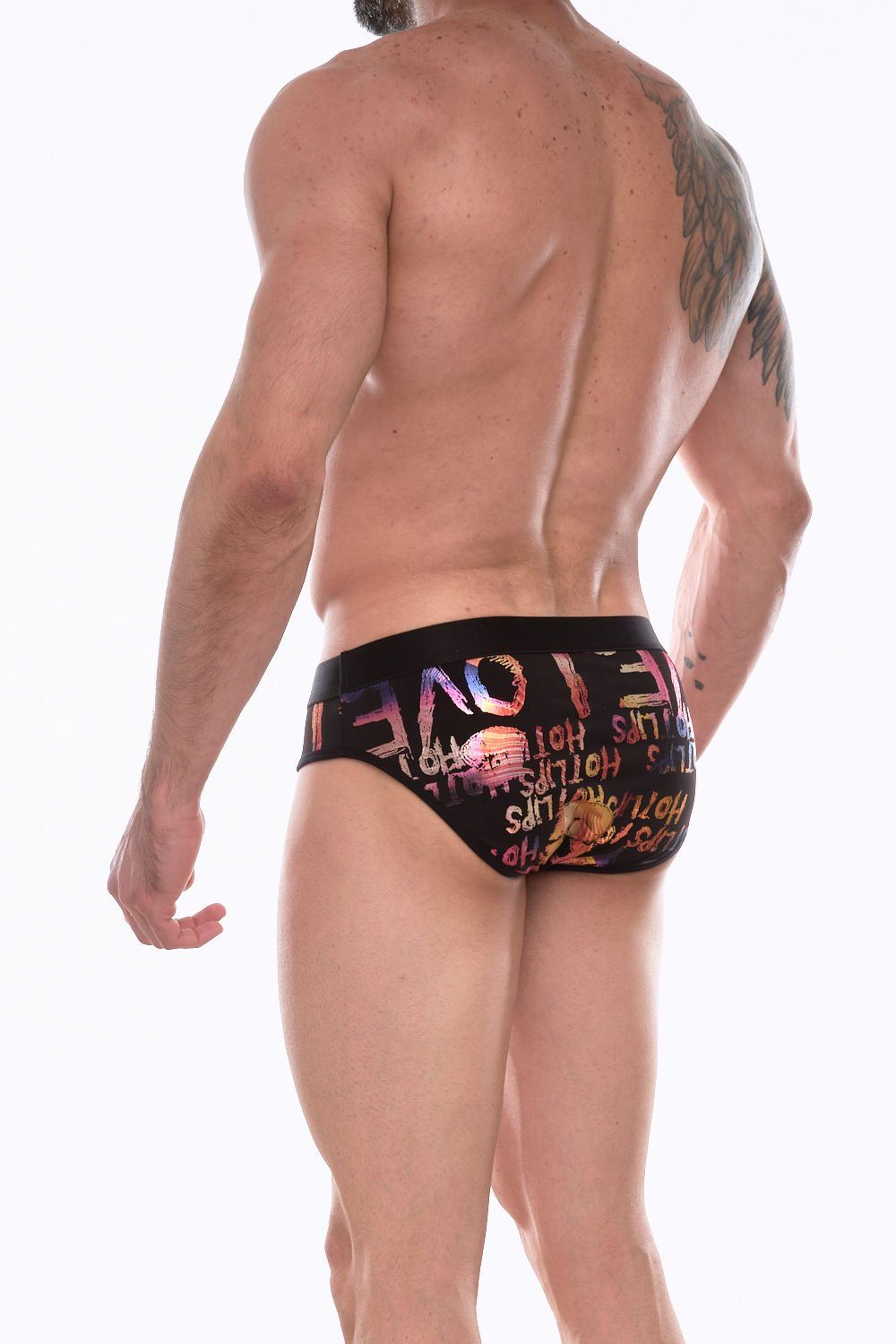 Черные трусы-брифы с блестящим принтом в виде надписей и губ 2