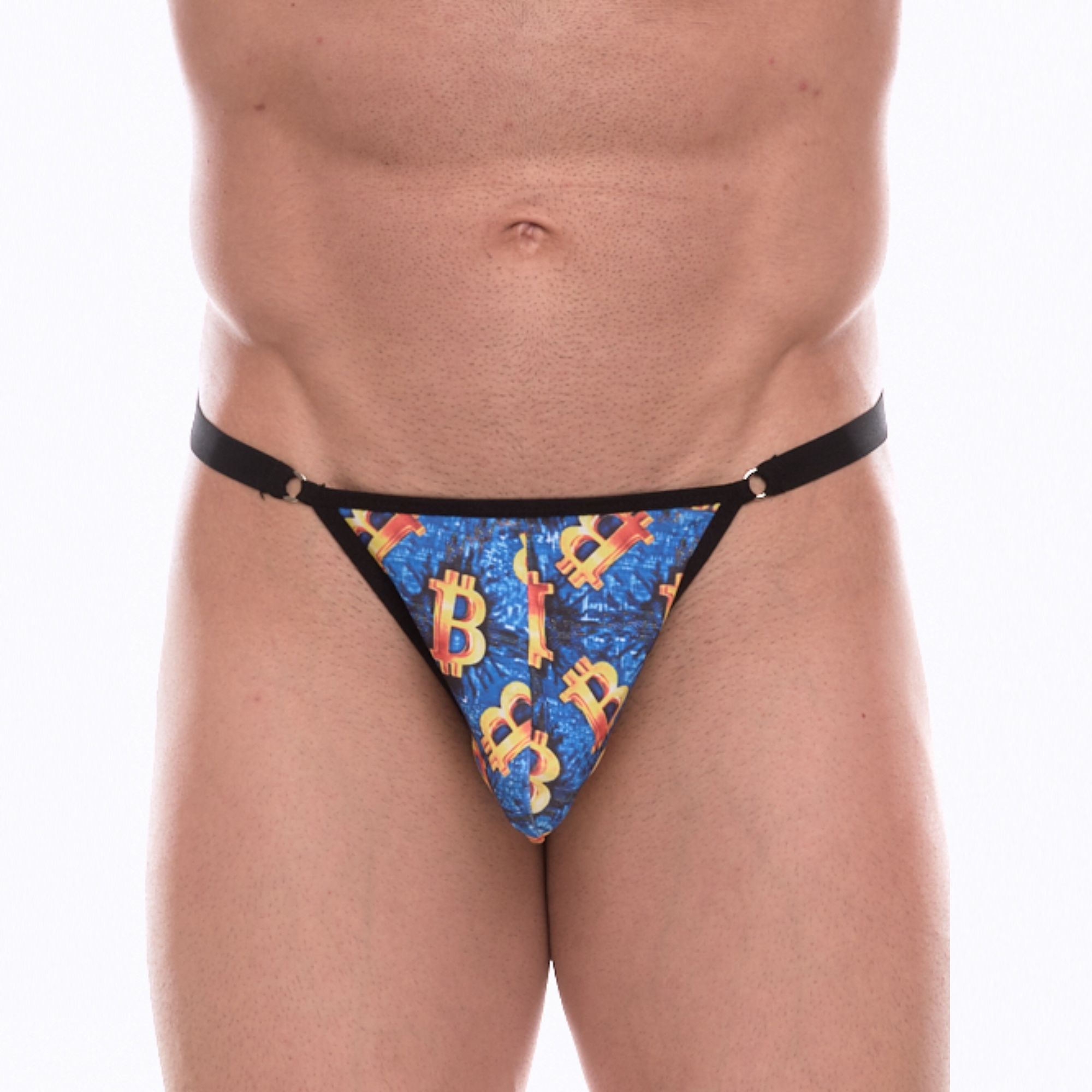 Синие мужские трусы-тонги с разноцветным принтом 1