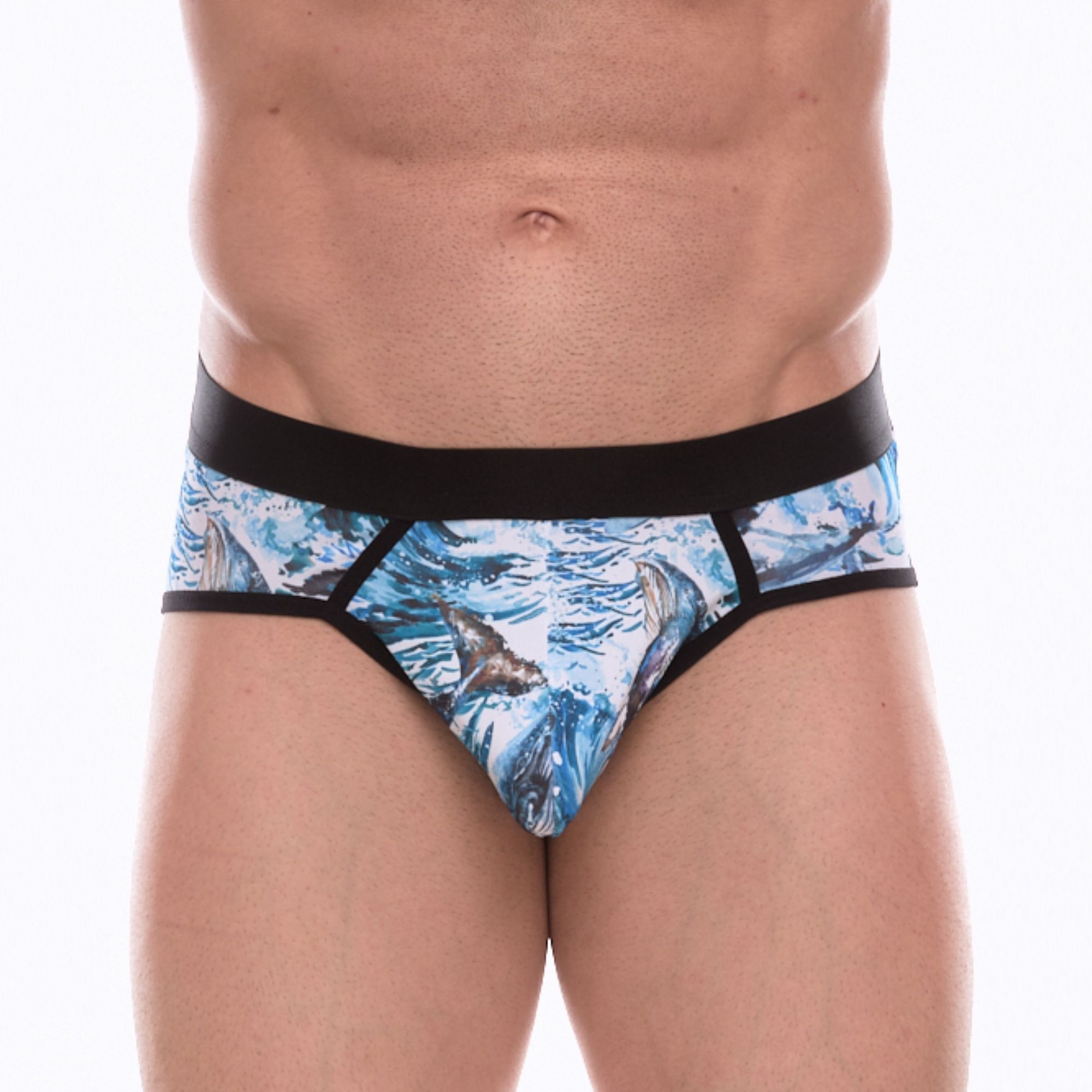 Мужские трусы-стринги с принтом в виде китов в волнах 1