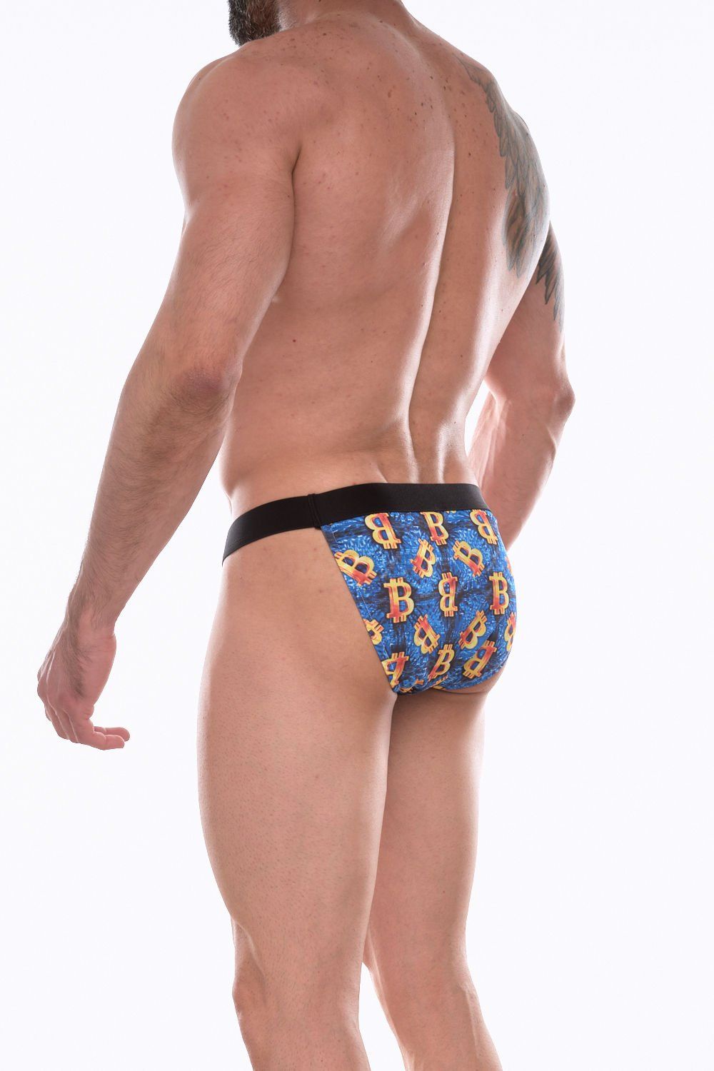 Синие мужские трусы-танга с разноцветным принтом 2