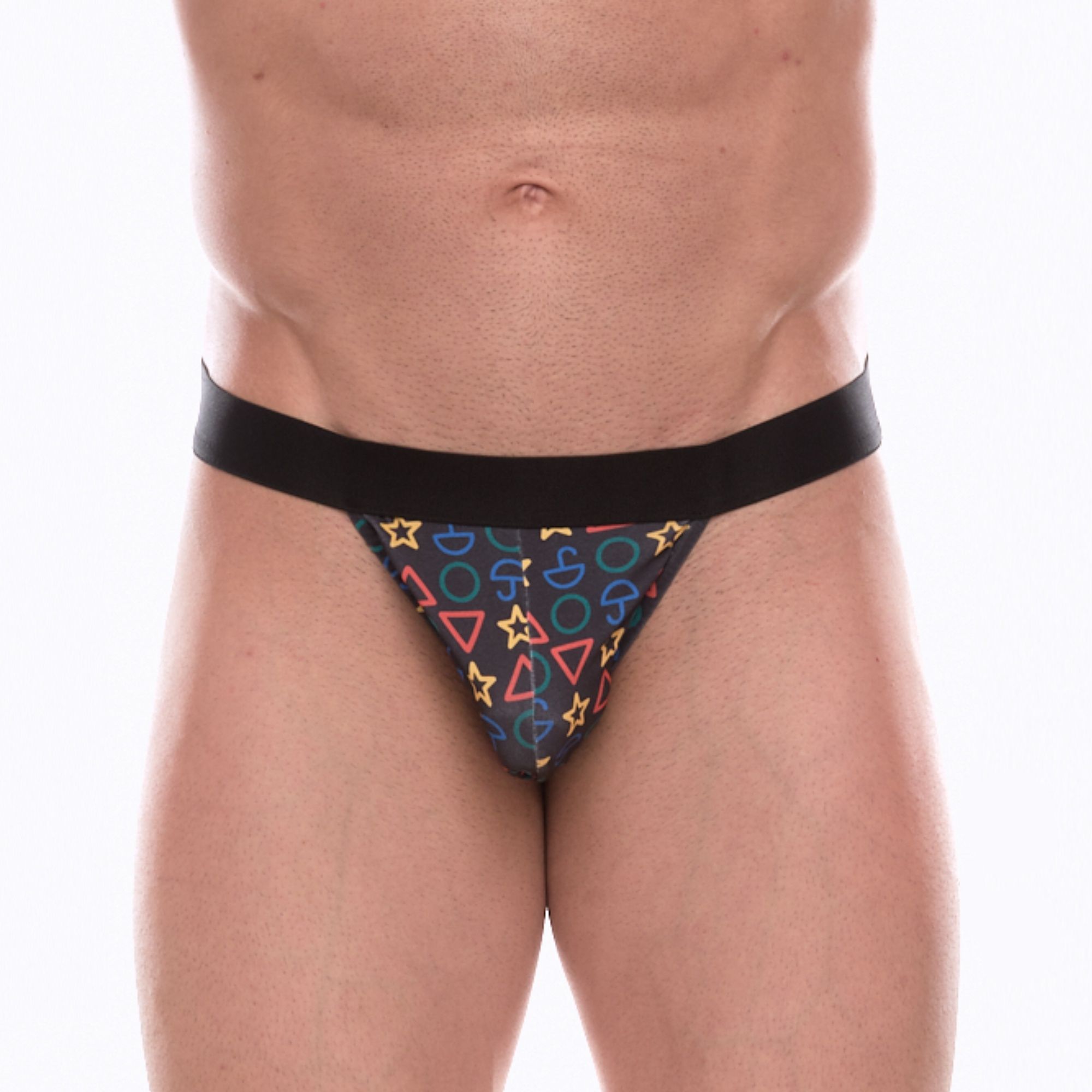 Темно-серые трусы-танга с разноцветным принтом в виде значков 1