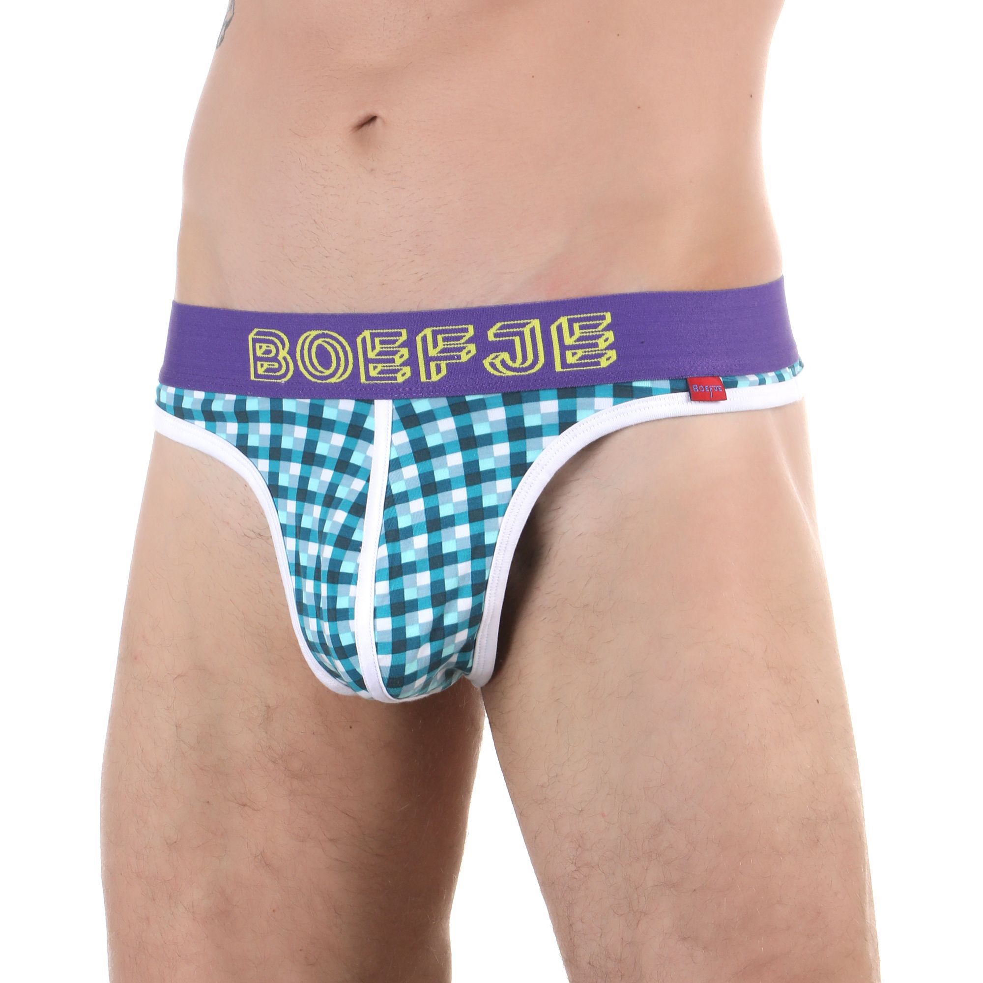 Бирюзовые клетчатые трусы-тонги с брендированным поясом 1