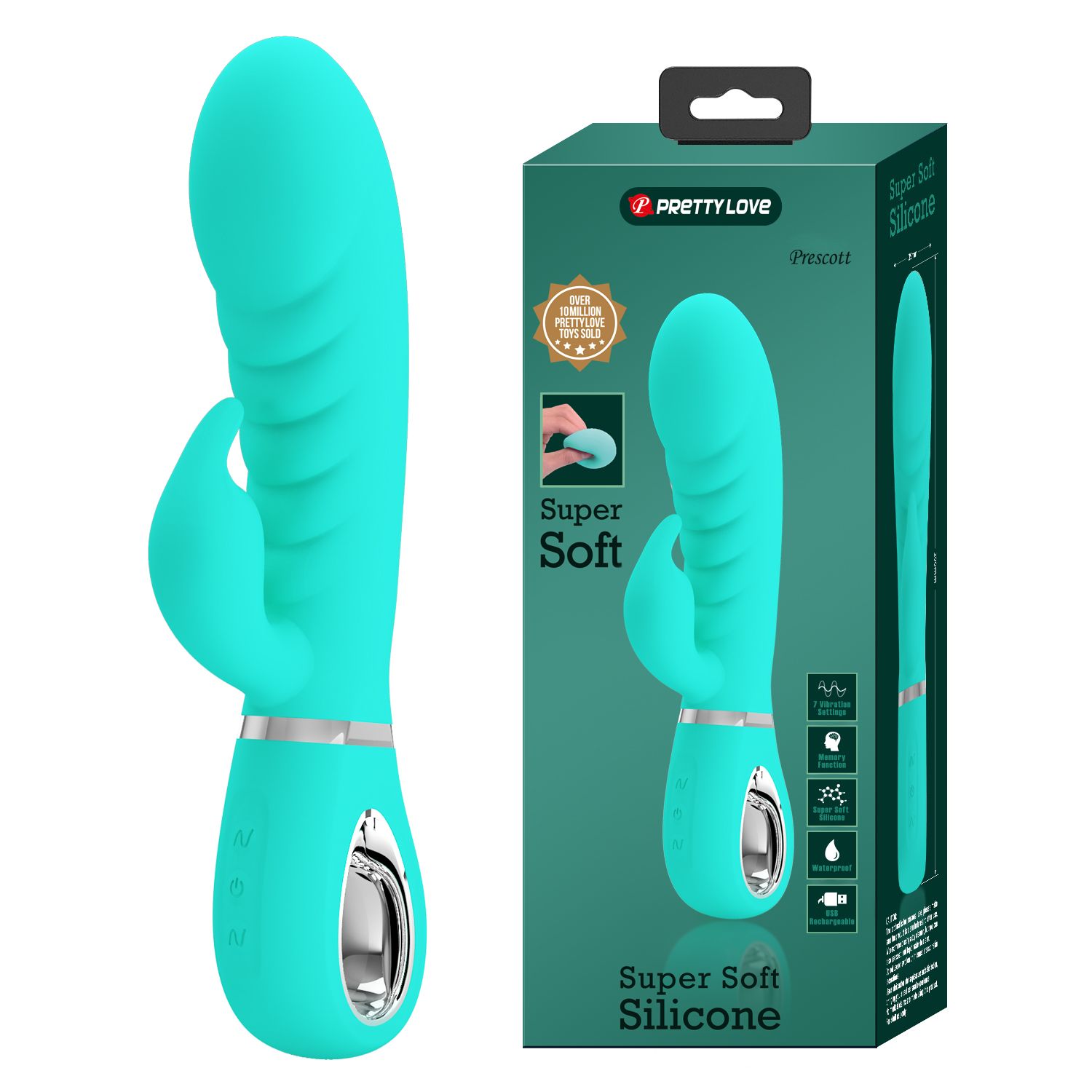 Бирюзовый вибратор-кролик с рёбрышками Prescott - 20 см. 2