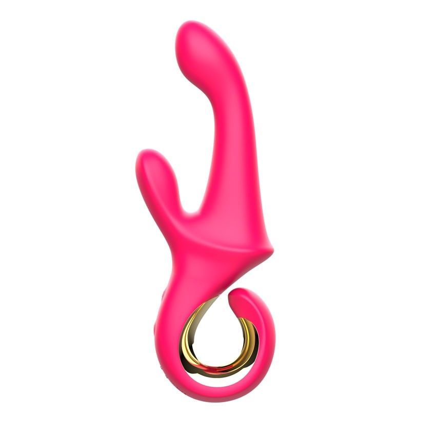Розовый вибратор со стимулятором клитора и ручкой-кольцом - 22,6 см. 5