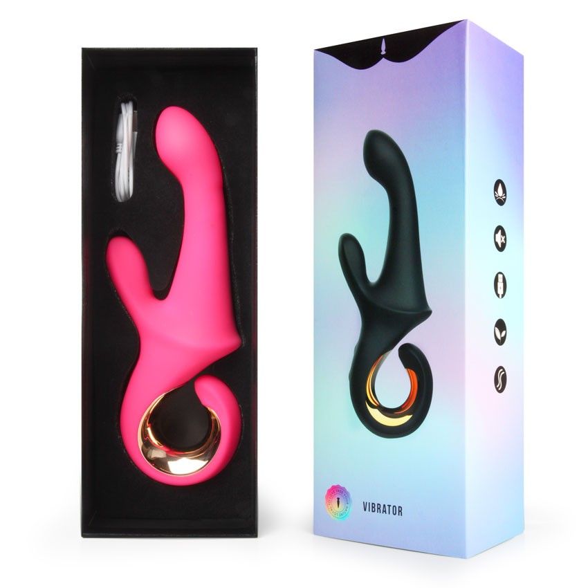 Розовый вибратор со стимулятором клитора и ручкой-кольцом - 22,6 см. 8