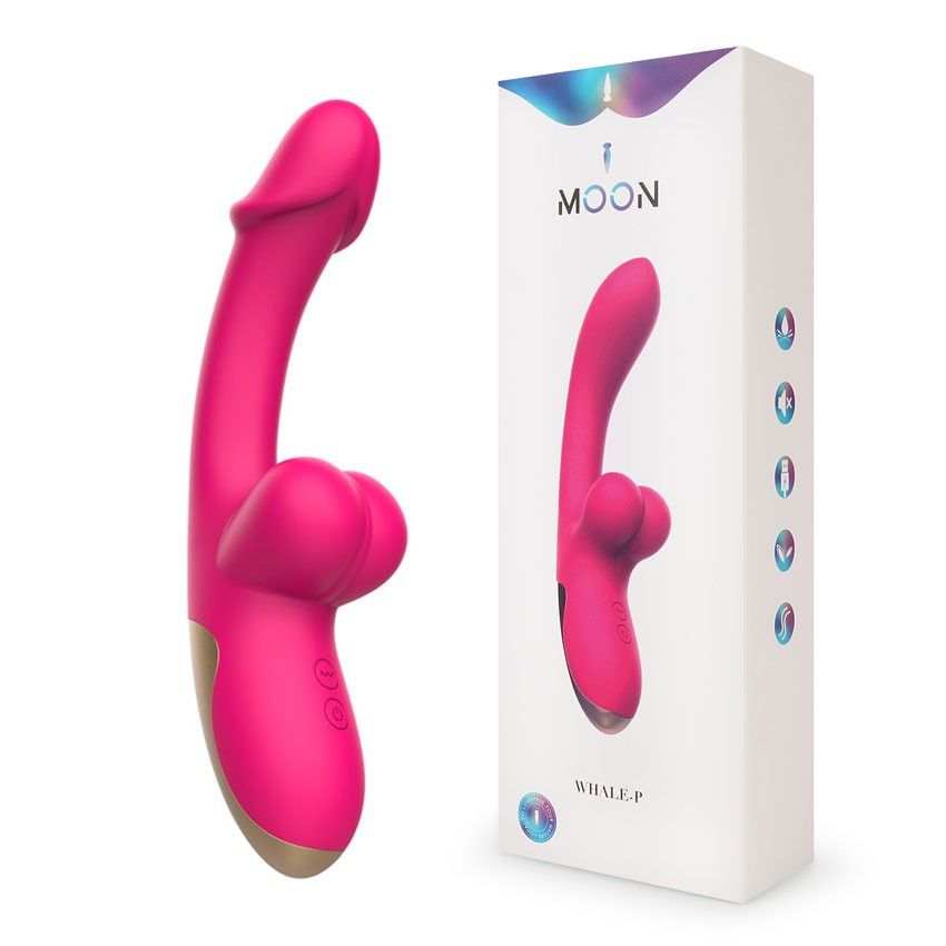 Розовый изогнутый вибромассажёр с имитацией мошонки - 20,4 см. 2