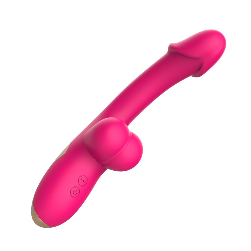 Розовый изогнутый вибромассажёр с имитацией мошонки - 20,4 см. 7