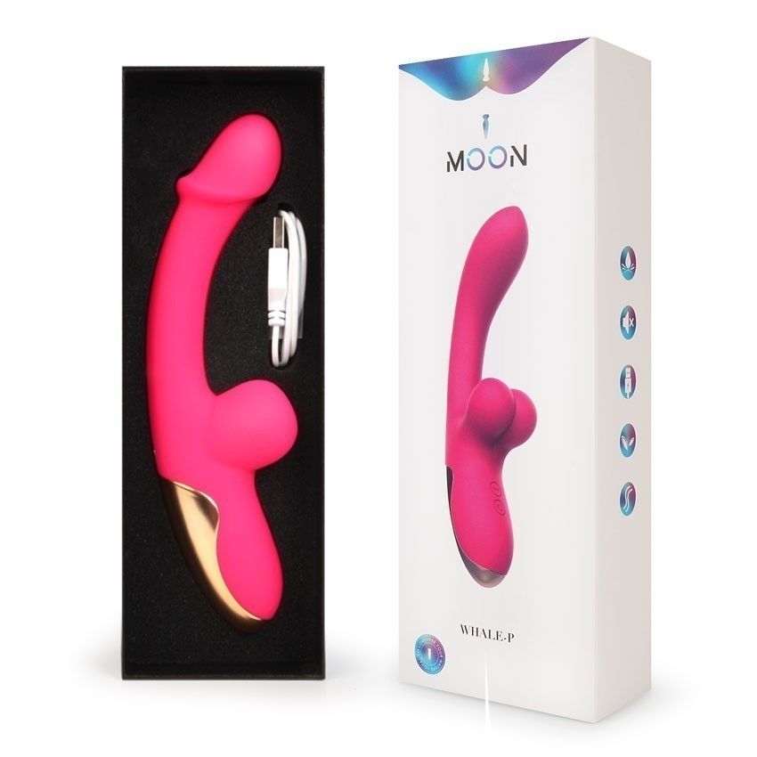 Розовый изогнутый вибромассажёр с имитацией мошонки - 20,4 см. 9