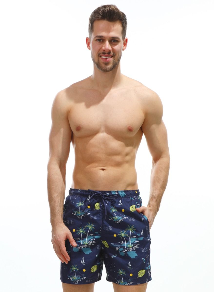 Темно-синие пляжные шорты с принтом в виде пальм 1