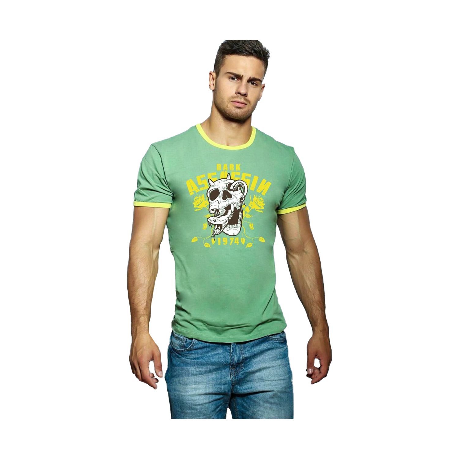 Зеленая мужская футболка с черепом, змеёй и надписью 2