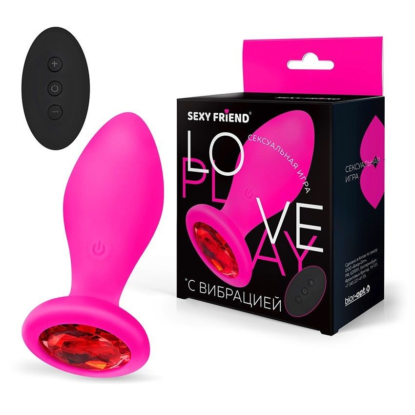 Розовая вибровтулка с красным кристаллом и пультом ДУ - 9 см. 2
