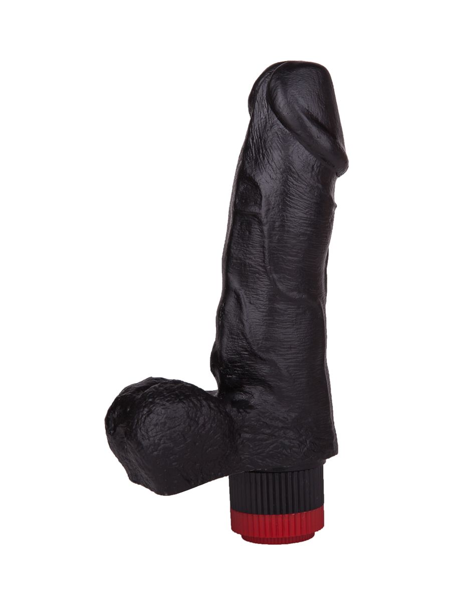 Чёрный виброфаллос с мошонкой - 15,5 см. 2