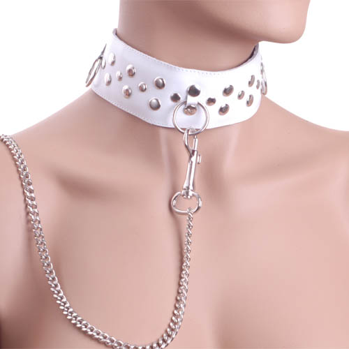 Белый ошейник из кожи с цепочкой-поводком 1