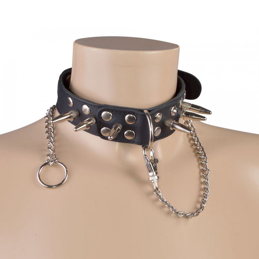 Чёрный кожаный ошейник с шипами и велюровой подкладкой 3