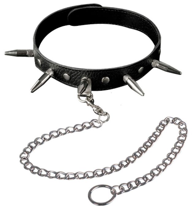 Чёрный кожаный ошейник с шипами и цепочкой 2
