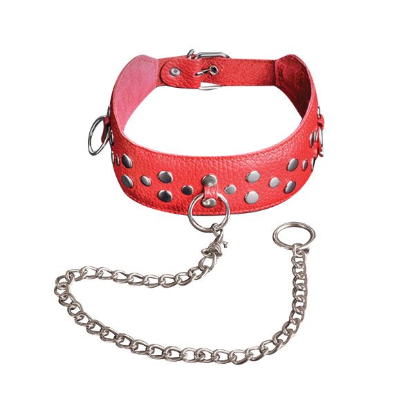 Красный кожаный ошейник с карабином и поводком 2