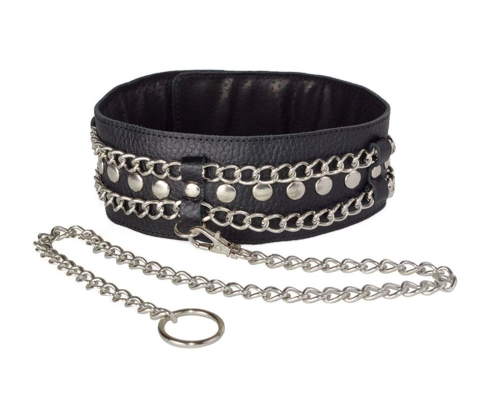 Чёрный ошейник с цепочками и поводком 2