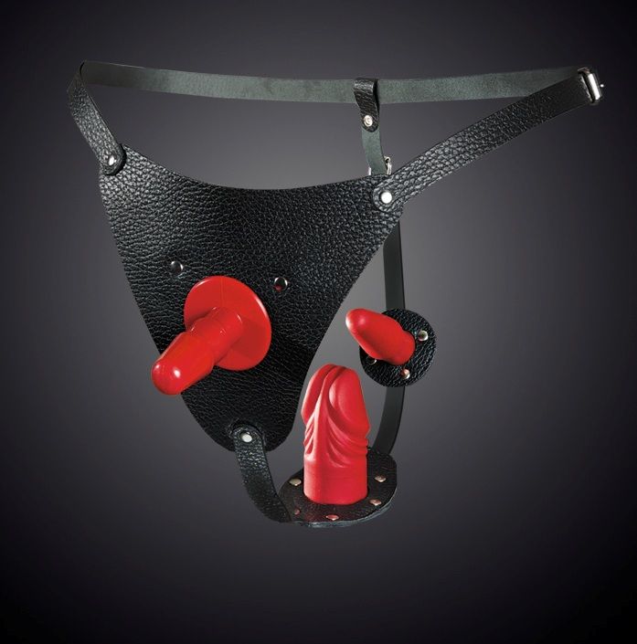 Кожаные черные трусики со штырьком для насадок 1