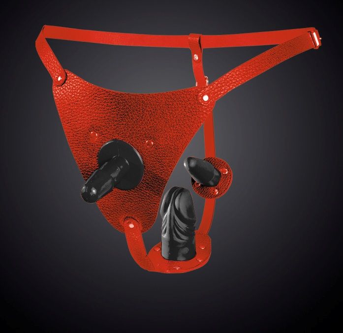 Красные кожаные трусики со штырьком и двумя съёмными стимуляторами 1