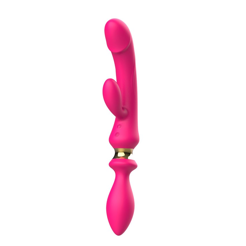 Розовый двусторонний вибромассажёр с клиторальным отростком - 30 см. 5