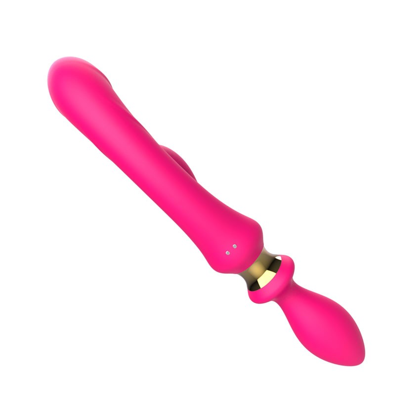 Розовый двусторонний вибромассажёр с клиторальным отростком - 30 см. 6