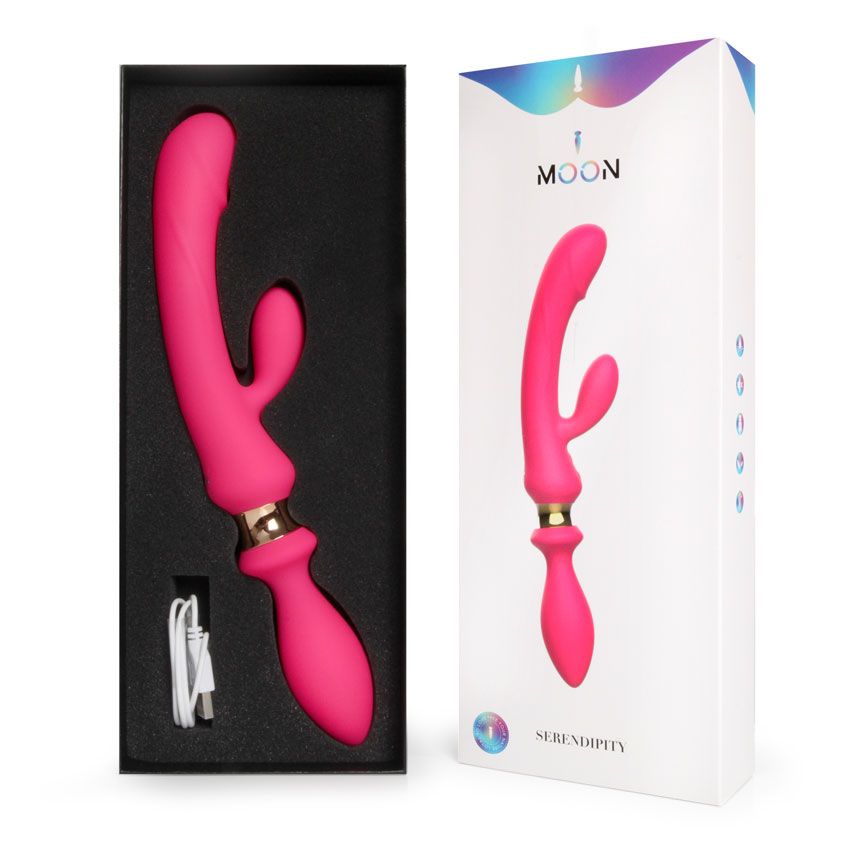 Розовый двусторонний вибромассажёр с клиторальным отростком - 30 см. 10