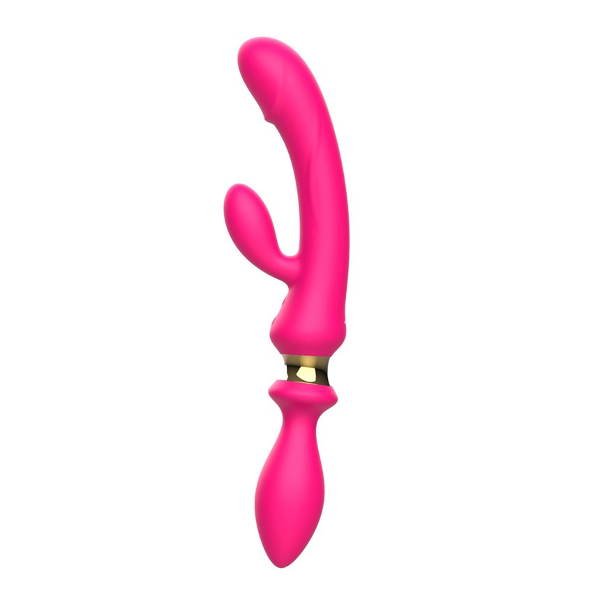 Розовый двусторонний вибромассажёр с клиторальным отростком - 30 см. 1