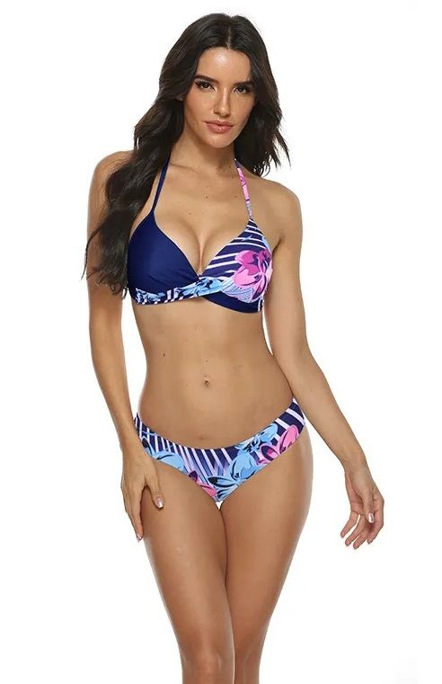 Синий раздельный купальник с принтом в виде орхидей 2