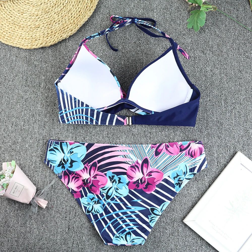 Синий раздельный купальник с принтом в виде орхидей 4